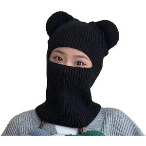 Women's Black Winter Hat Warm Hooded Scarf Hat Balaclava Knit Skull Beanie